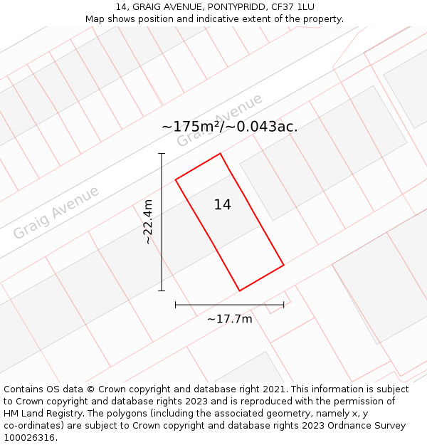 14, GRAIG AVENUE, PONTYPRIDD, CF37 1LU: Plot and title map