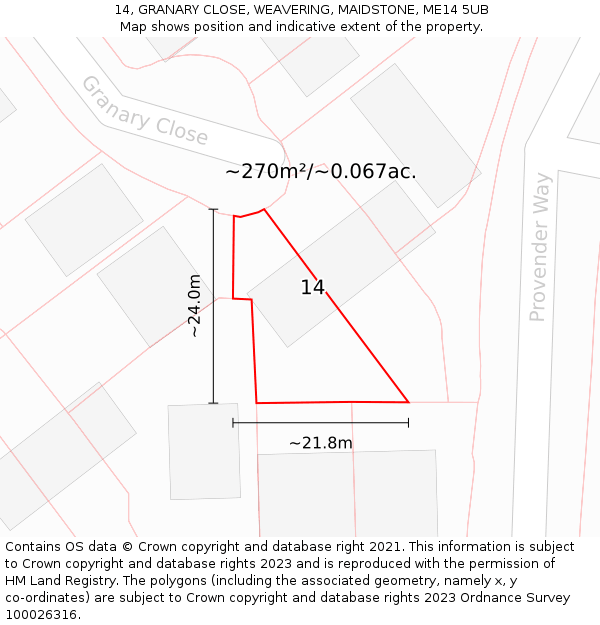 14, GRANARY CLOSE, WEAVERING, MAIDSTONE, ME14 5UB: Plot and title map