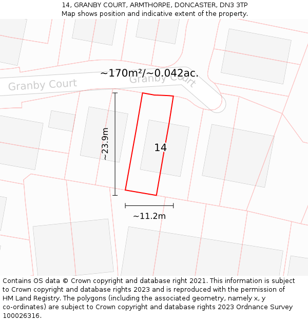 14, GRANBY COURT, ARMTHORPE, DONCASTER, DN3 3TP: Plot and title map