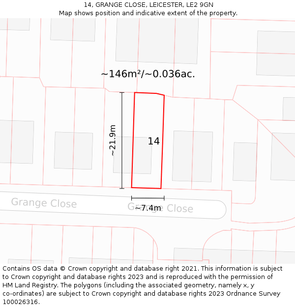 14, GRANGE CLOSE, LEICESTER, LE2 9GN: Plot and title map