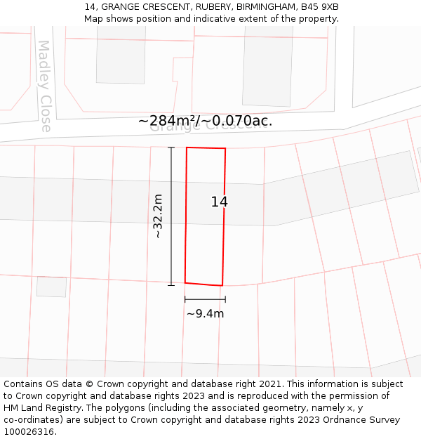 14, GRANGE CRESCENT, RUBERY, BIRMINGHAM, B45 9XB: Plot and title map