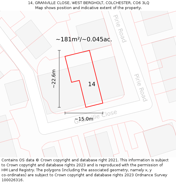 14, GRANVILLE CLOSE, WEST BERGHOLT, COLCHESTER, CO6 3LQ: Plot and title map