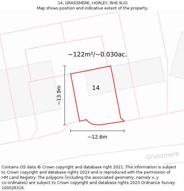 14, GRASSMERE, HORLEY, RH6 9UG: Plot and title map