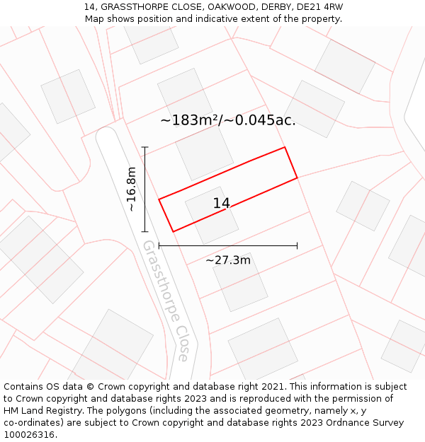 14, GRASSTHORPE CLOSE, OAKWOOD, DERBY, DE21 4RW: Plot and title map