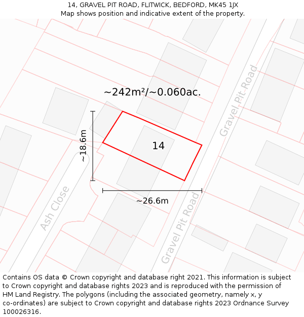 14, GRAVEL PIT ROAD, FLITWICK, BEDFORD, MK45 1JX: Plot and title map