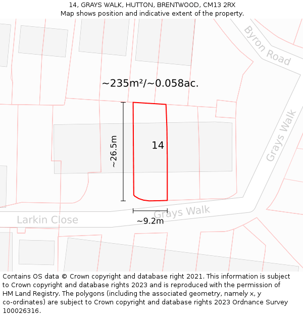 14, GRAYS WALK, HUTTON, BRENTWOOD, CM13 2RX: Plot and title map