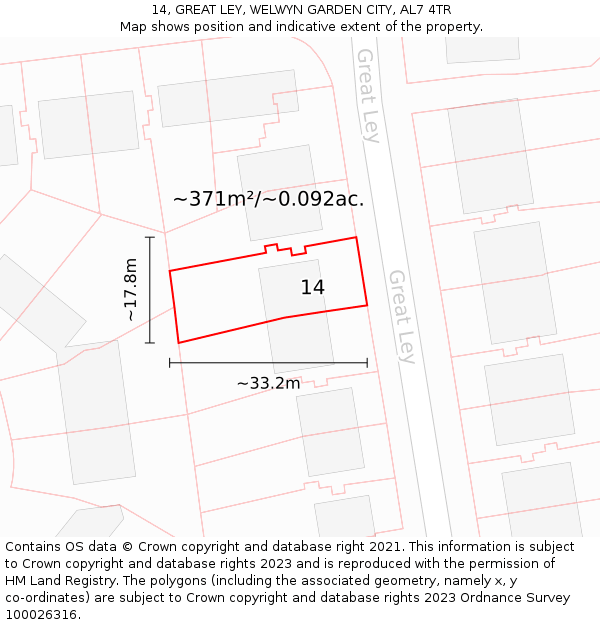 14, GREAT LEY, WELWYN GARDEN CITY, AL7 4TR: Plot and title map