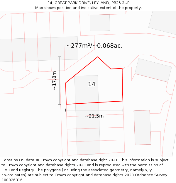 14, GREAT PARK DRIVE, LEYLAND, PR25 3UP: Plot and title map