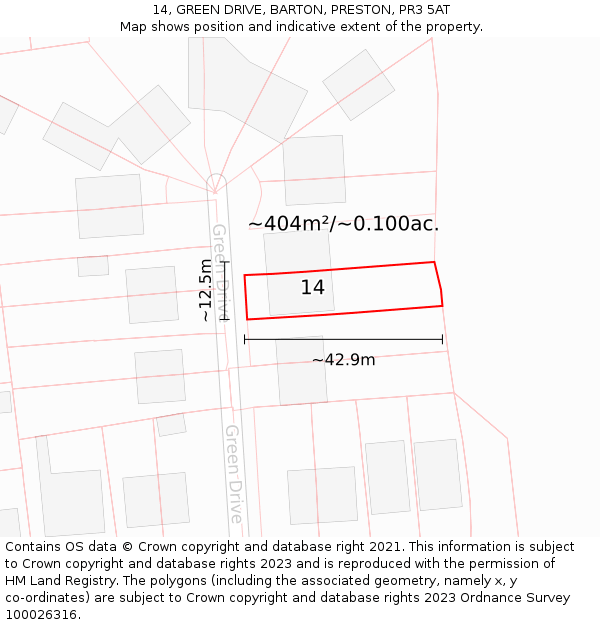 14, GREEN DRIVE, BARTON, PRESTON, PR3 5AT: Plot and title map