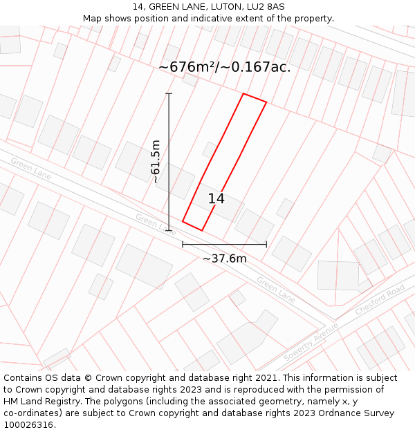 14, GREEN LANE, LUTON, LU2 8AS: Plot and title map