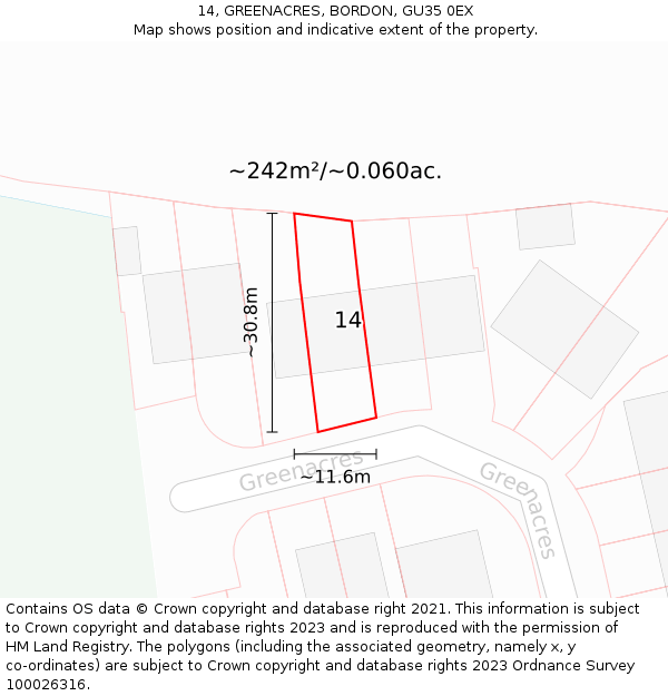 14, GREENACRES, BORDON, GU35 0EX: Plot and title map