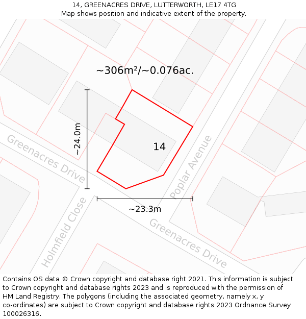 14, GREENACRES DRIVE, LUTTERWORTH, LE17 4TG: Plot and title map