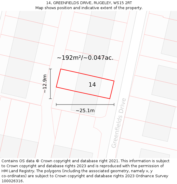 14, GREENFIELDS DRIVE, RUGELEY, WS15 2RT: Plot and title map