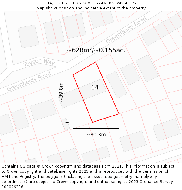 14, GREENFIELDS ROAD, MALVERN, WR14 1TS: Plot and title map