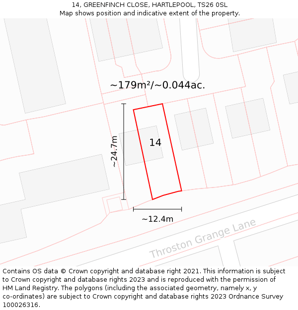 14, GREENFINCH CLOSE, HARTLEPOOL, TS26 0SL: Plot and title map