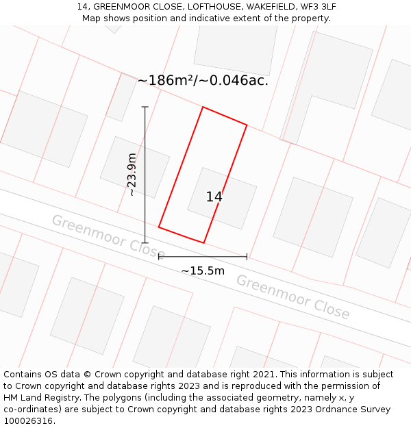 14, GREENMOOR CLOSE, LOFTHOUSE, WAKEFIELD, WF3 3LF: Plot and title map