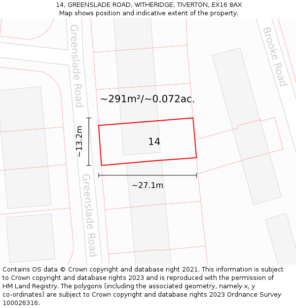 14, GREENSLADE ROAD, WITHERIDGE, TIVERTON, EX16 8AX: Plot and title map