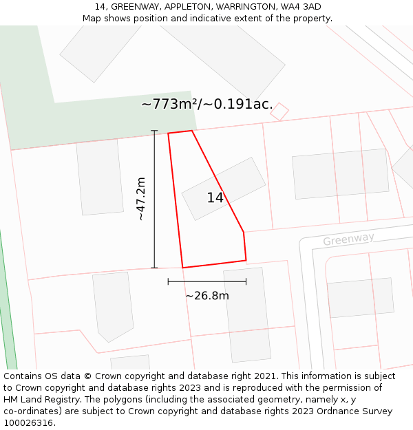 14, GREENWAY, APPLETON, WARRINGTON, WA4 3AD: Plot and title map