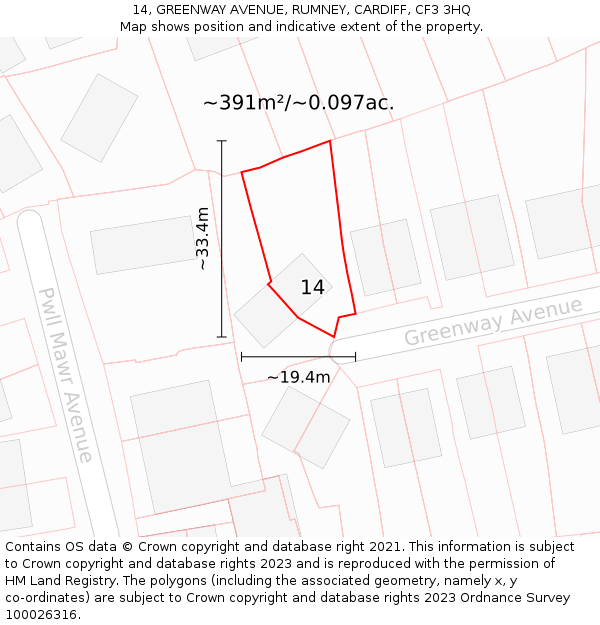 14, GREENWAY AVENUE, RUMNEY, CARDIFF, CF3 3HQ: Plot and title map