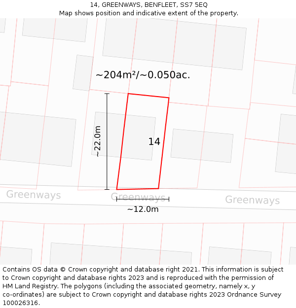14, GREENWAYS, BENFLEET, SS7 5EQ: Plot and title map