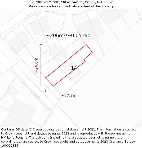 14, GREEVE CLOSE, GREAT OAKLEY, CORBY, NN18 8LW: Plot and title map