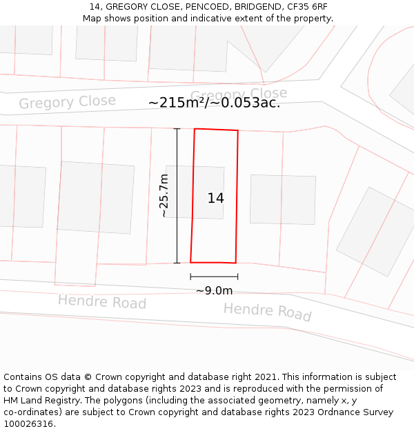 14, GREGORY CLOSE, PENCOED, BRIDGEND, CF35 6RF: Plot and title map