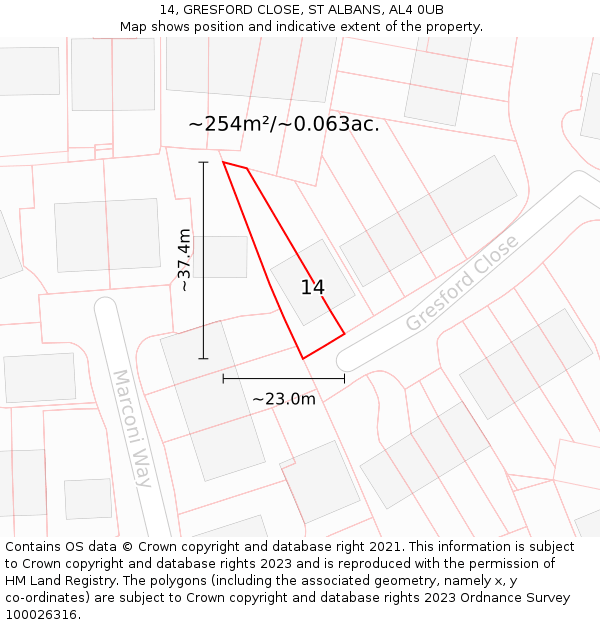 14, GRESFORD CLOSE, ST ALBANS, AL4 0UB: Plot and title map