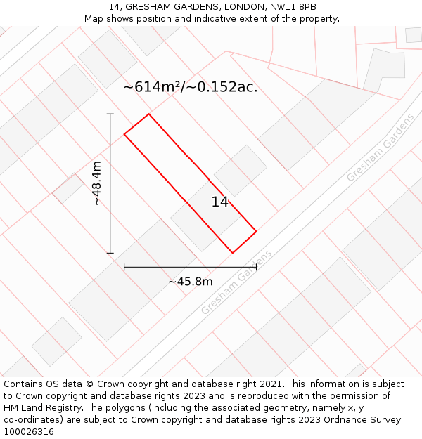 14, GRESHAM GARDENS, LONDON, NW11 8PB: Plot and title map