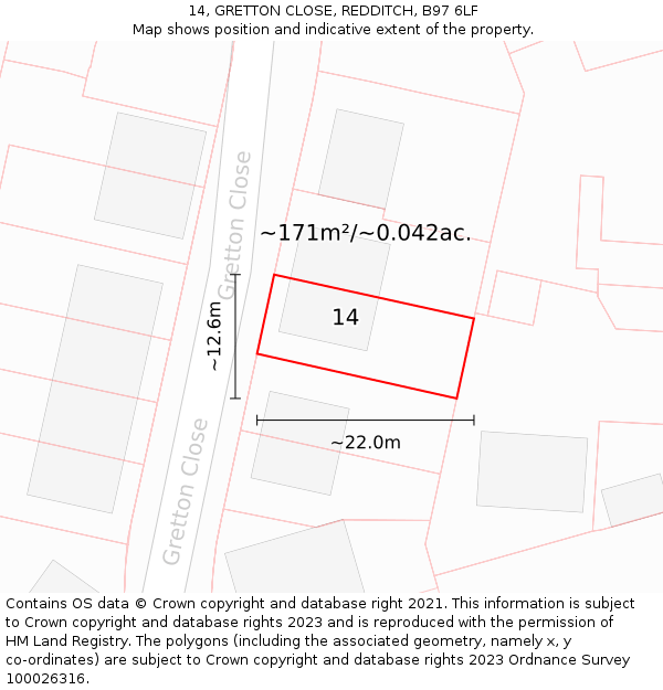 14, GRETTON CLOSE, REDDITCH, B97 6LF: Plot and title map