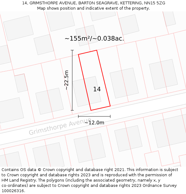 14, GRIMSTHORPE AVENUE, BARTON SEAGRAVE, KETTERING, NN15 5ZG: Plot and title map