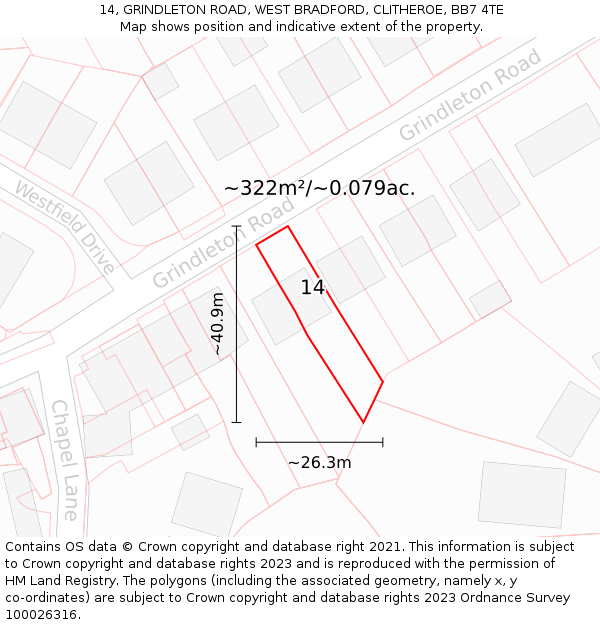 14, GRINDLETON ROAD, WEST BRADFORD, CLITHEROE, BB7 4TE: Plot and title map
