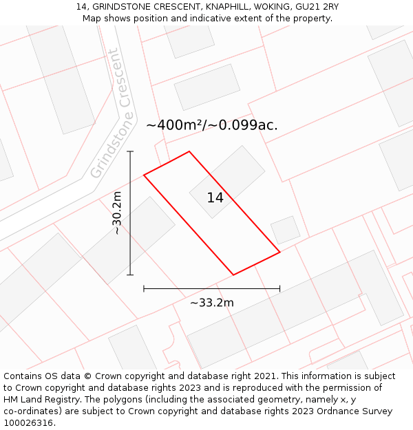14, GRINDSTONE CRESCENT, KNAPHILL, WOKING, GU21 2RY: Plot and title map