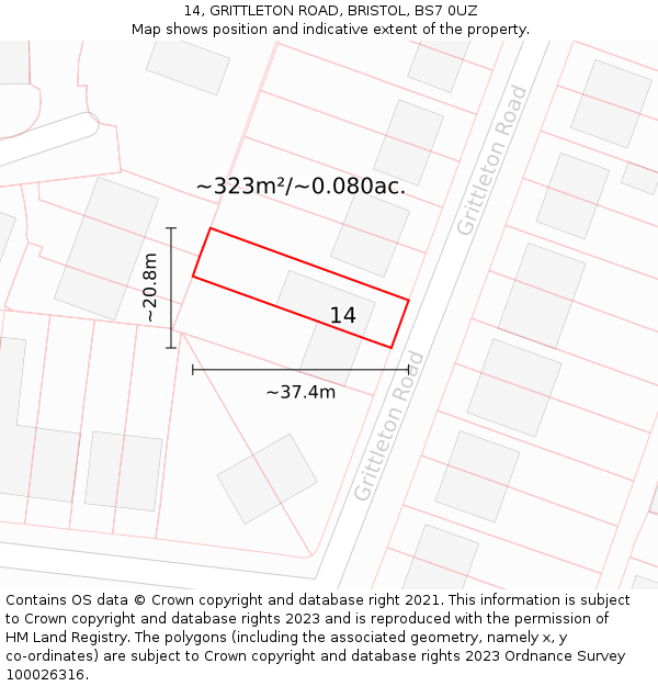 14, GRITTLETON ROAD, BRISTOL, BS7 0UZ: Plot and title map