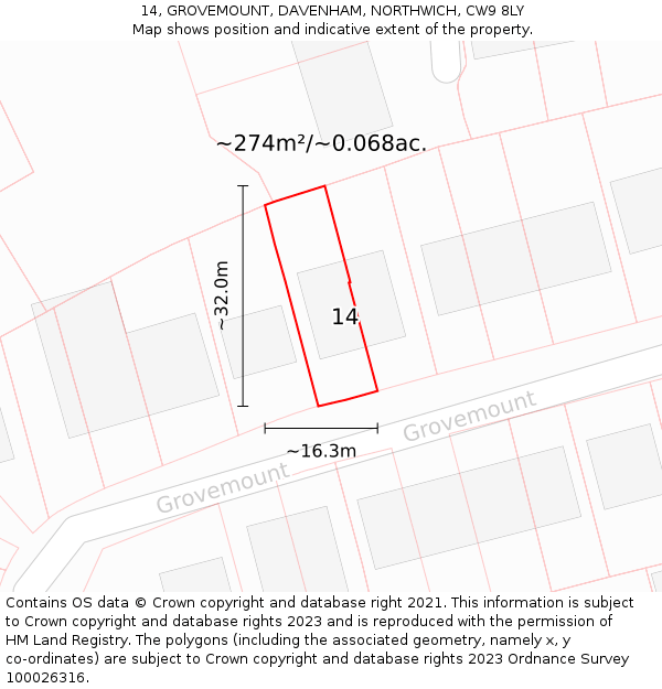 14, GROVEMOUNT, DAVENHAM, NORTHWICH, CW9 8LY: Plot and title map