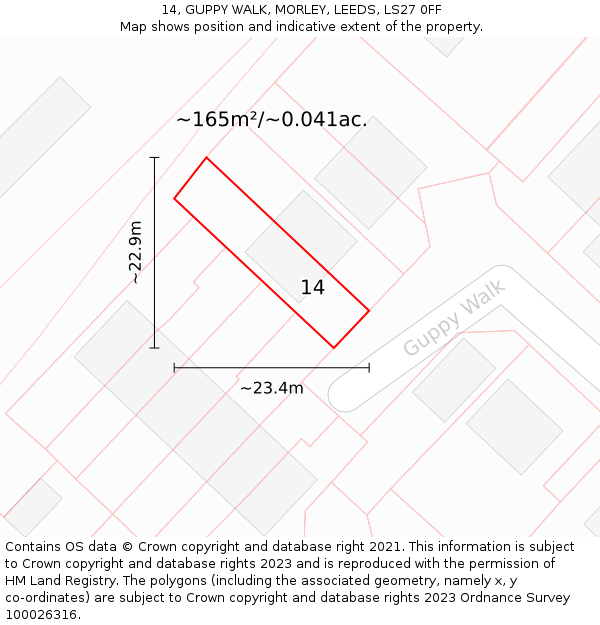 14, GUPPY WALK, MORLEY, LEEDS, LS27 0FF: Plot and title map