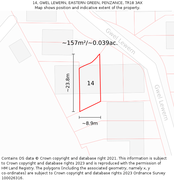 14, GWEL LEWERN, EASTERN GREEN, PENZANCE, TR18 3AX: Plot and title map