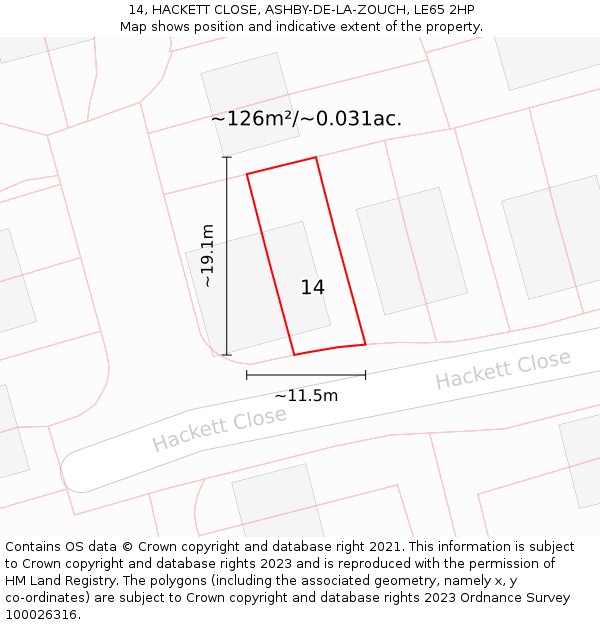 14, HACKETT CLOSE, ASHBY-DE-LA-ZOUCH, LE65 2HP: Plot and title map