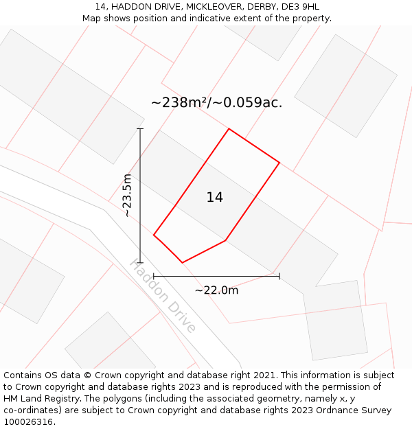 14, HADDON DRIVE, MICKLEOVER, DERBY, DE3 9HL: Plot and title map