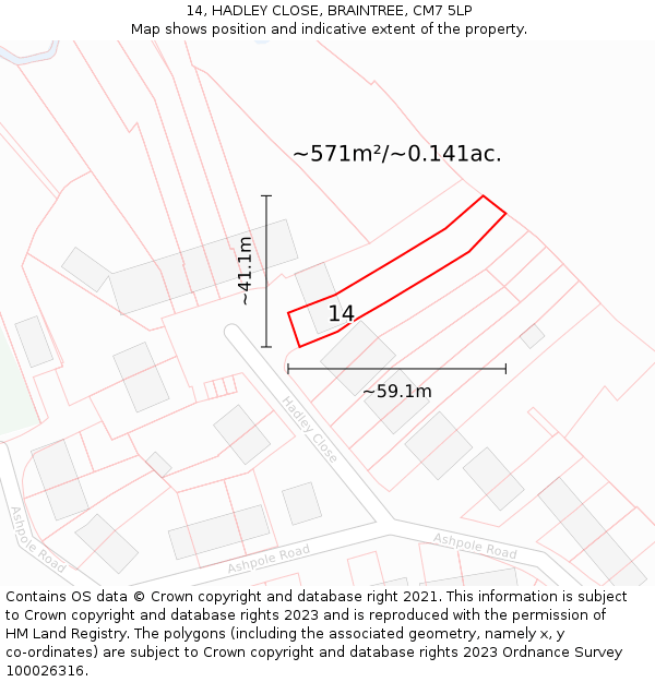 14, HADLEY CLOSE, BRAINTREE, CM7 5LP: Plot and title map