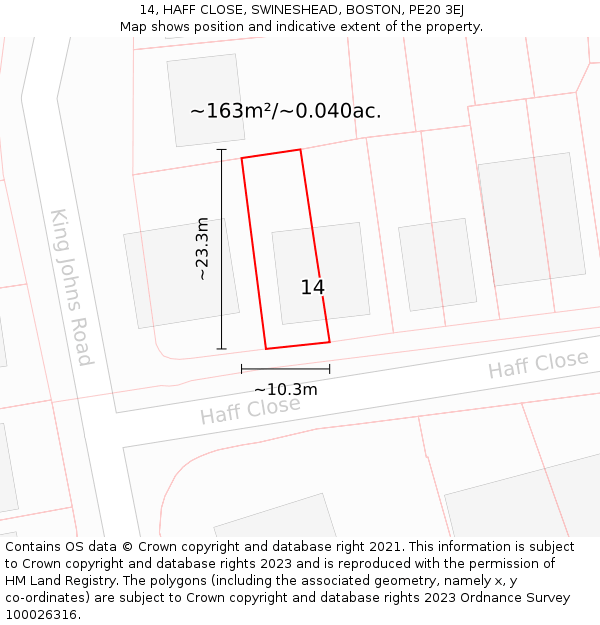 14, HAFF CLOSE, SWINESHEAD, BOSTON, PE20 3EJ: Plot and title map