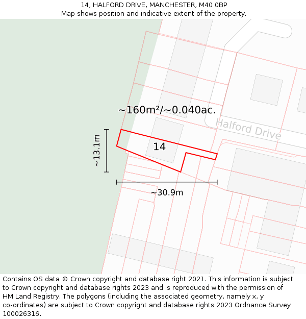 14, HALFORD DRIVE, MANCHESTER, M40 0BP: Plot and title map