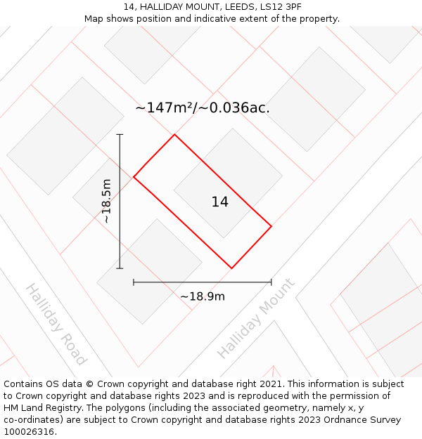 14, HALLIDAY MOUNT, LEEDS, LS12 3PF: Plot and title map