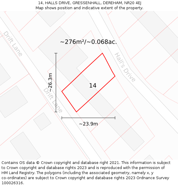 14, HALLS DRIVE, GRESSENHALL, DEREHAM, NR20 4EJ: Plot and title map