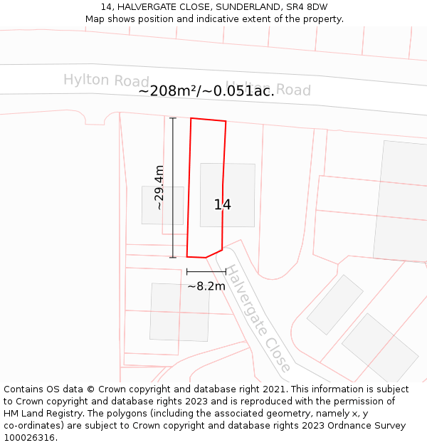 14, HALVERGATE CLOSE, SUNDERLAND, SR4 8DW: Plot and title map