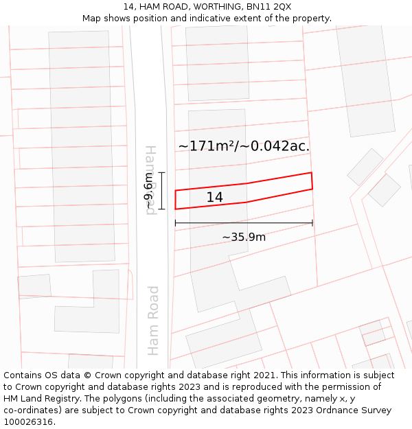 14, HAM ROAD, WORTHING, BN11 2QX: Plot and title map