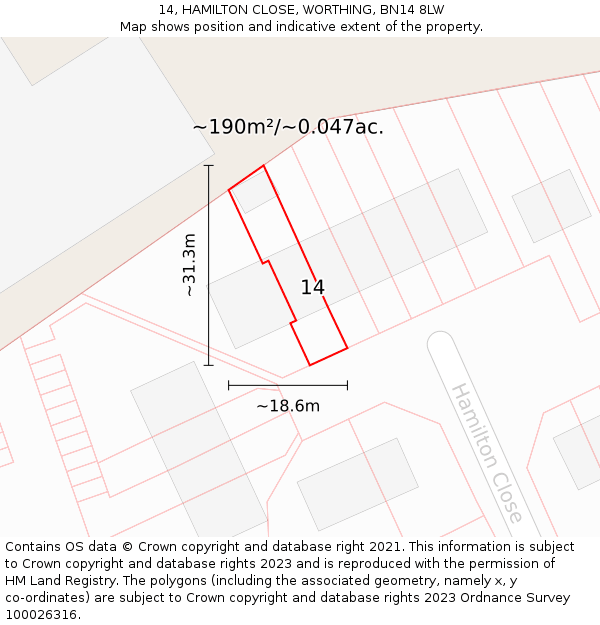 14, HAMILTON CLOSE, WORTHING, BN14 8LW: Plot and title map