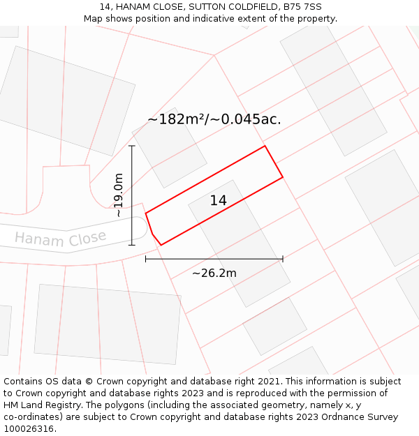 14, HANAM CLOSE, SUTTON COLDFIELD, B75 7SS: Plot and title map