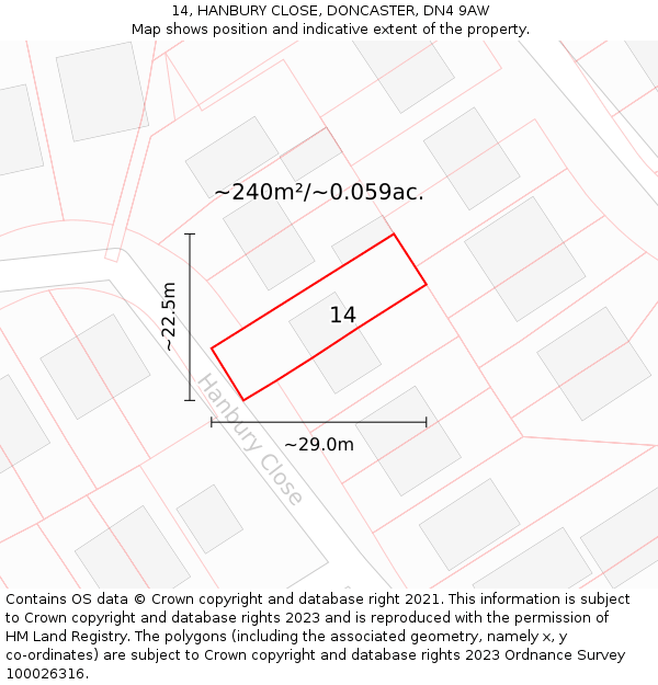 14, HANBURY CLOSE, DONCASTER, DN4 9AW: Plot and title map