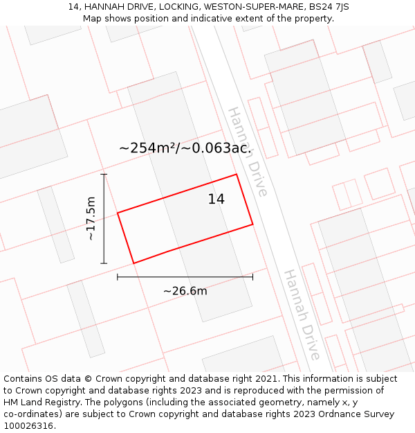 14, HANNAH DRIVE, LOCKING, WESTON-SUPER-MARE, BS24 7JS: Plot and title map