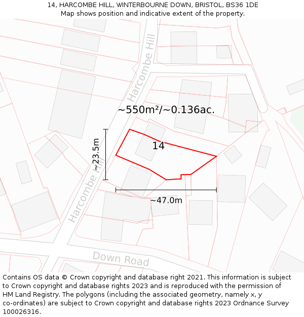 14, HARCOMBE HILL, WINTERBOURNE DOWN, BRISTOL, BS36 1DE: Plot and title map